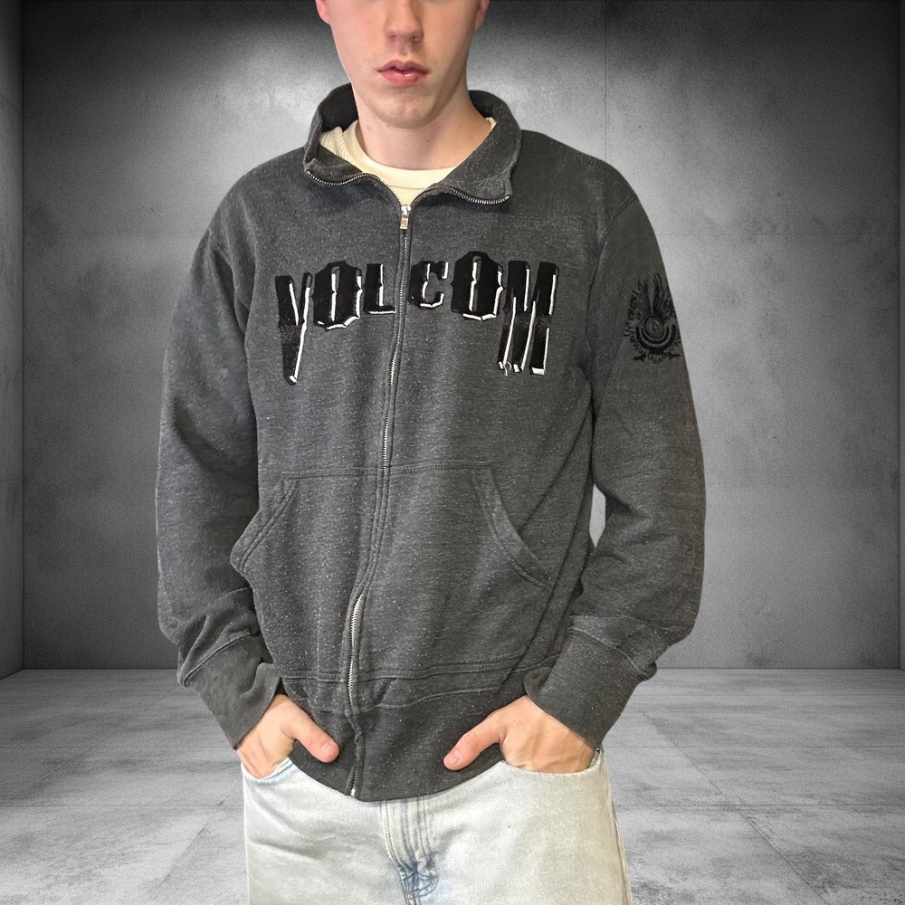 Vintage Volcom Stone Full Zip Sweatshirt Charcoal Grey Y2K Skater Large